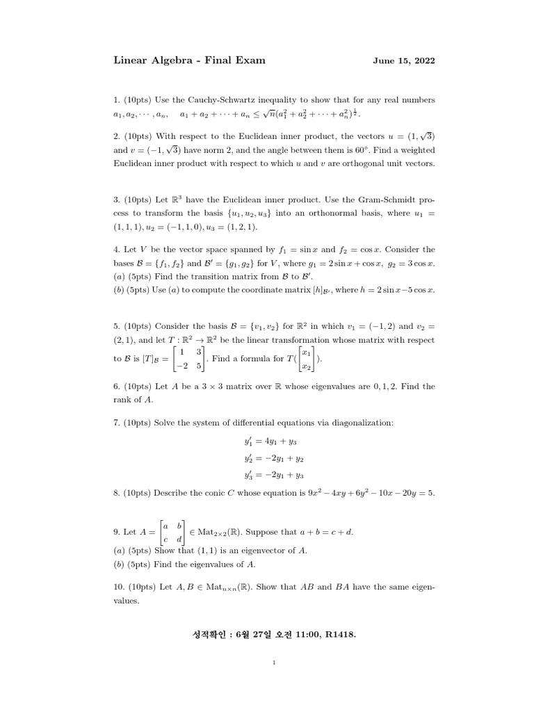 Linear Algebra Final Exam Questions | PDF