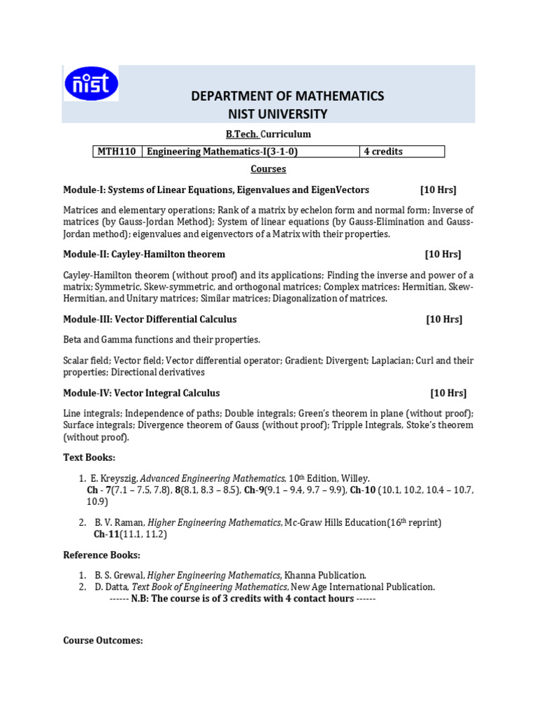 Math-I Syllabus | PDF | Matrix (Mathematics) | Eigenvalues And Eigenvectors