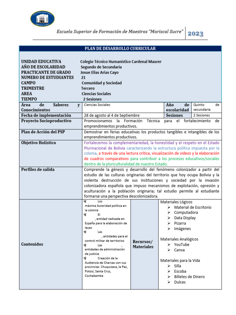 PDC INDIVIDUAL 2do de Secundaria ESFM | PDF | Bolivia