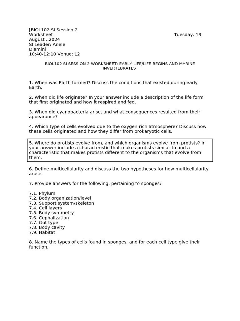 BIOL102 SI Session 2 Worksheet ANELE | PDF | Science & Mathematics