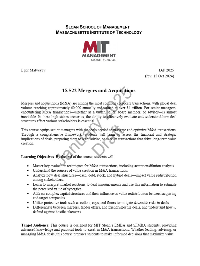 M&A Course Overview by Egor Matveyev | PDF | Mergers And Acquisitions ...