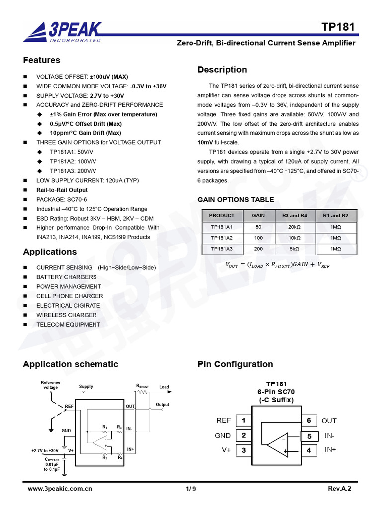 TP181 Zero-Drift Current Sense Amplifier | PDF | Amplifier | Power Supply