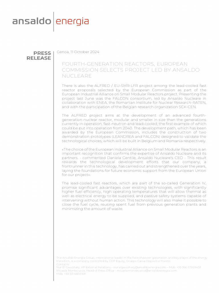 Ansaldo Nucleare's ALFRED Project Selected | PDF | Nuclear Reactor ...