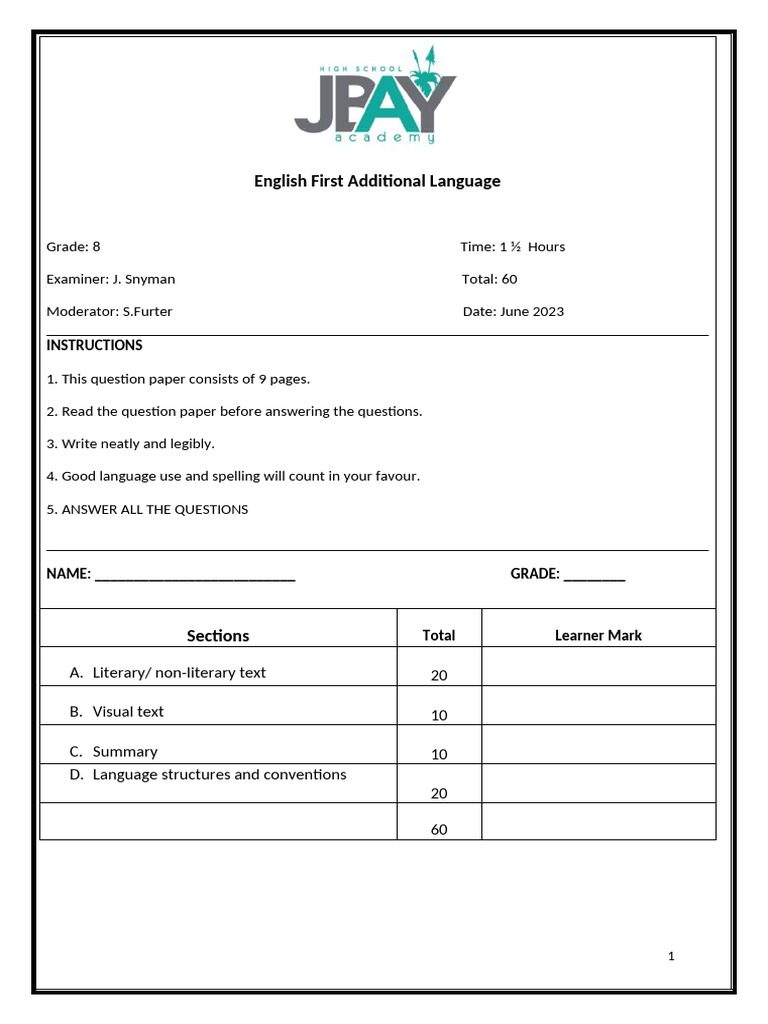 Grade 8 English Exam Answer Key | PDF | Mask