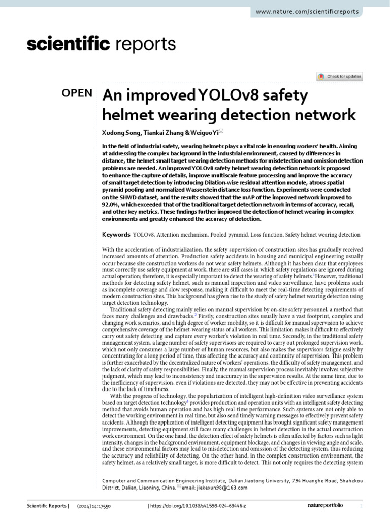 An Improved Yolov8 Safety Helmet Wearing Detection Network: Xudong Song ...