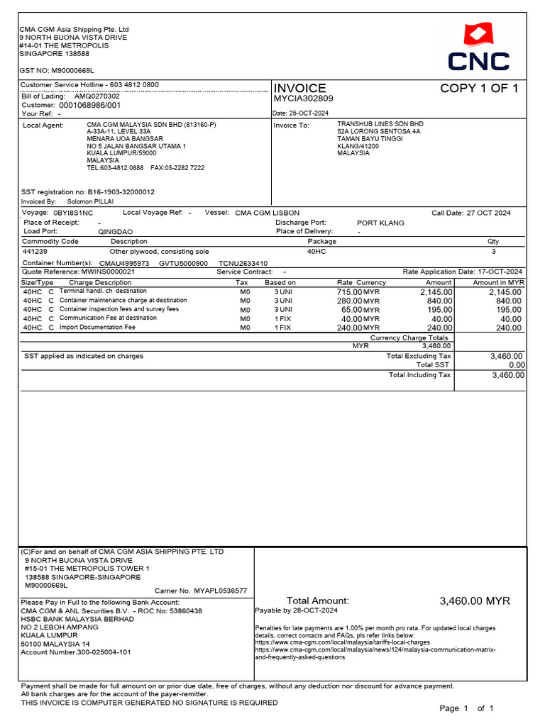 Invoice for Plywood Shipment MYR 3460 | PDF | Payments