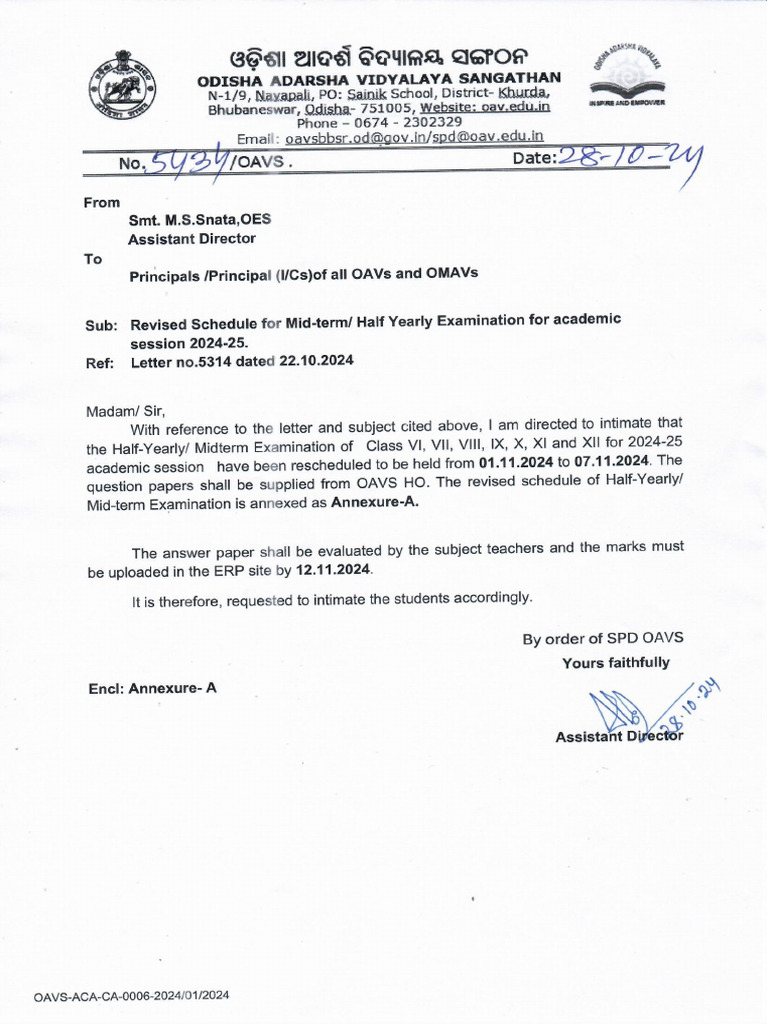 5434 Revised Schedule For Mid Term Half Yearly Examination For Academic ...