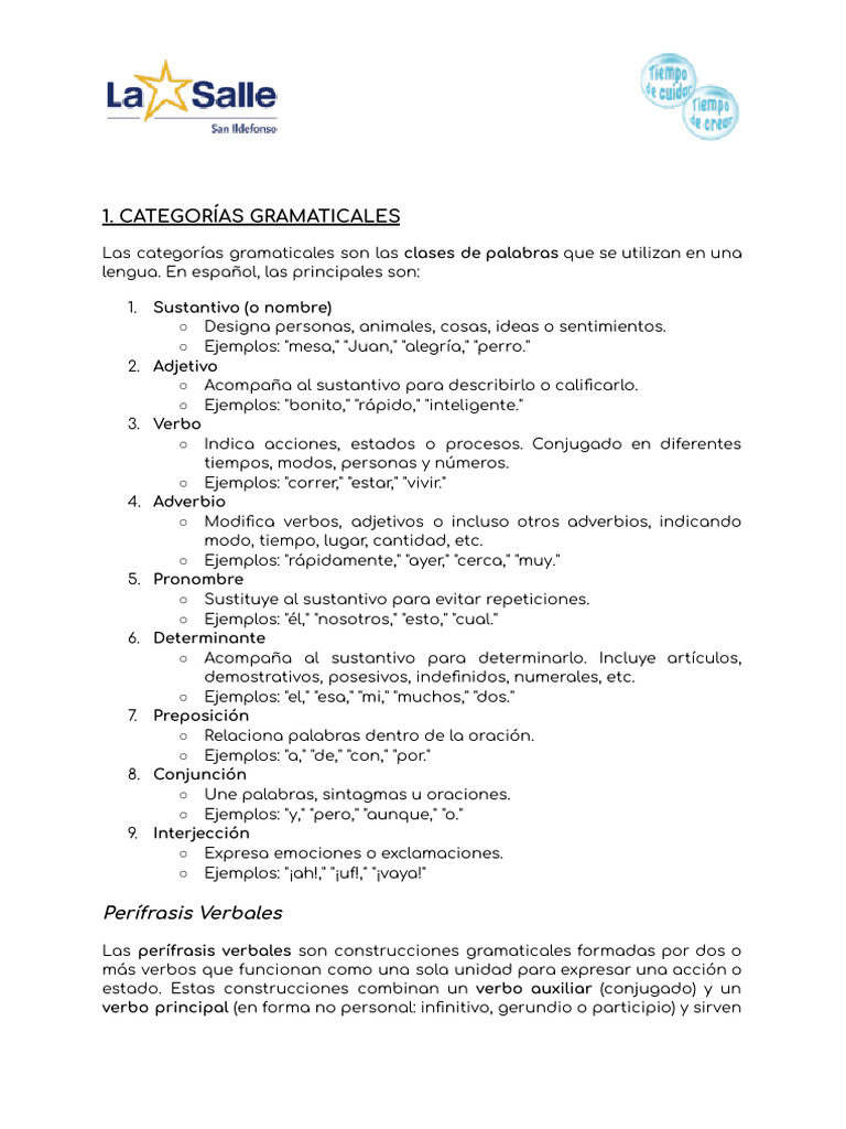 Categorías gramaticales y oraciones en español | PDF | Verbo | Lingüística