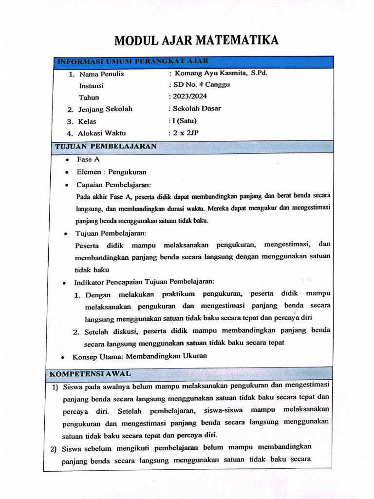 Modul Ajar Matematika Kelas 1 | PDF