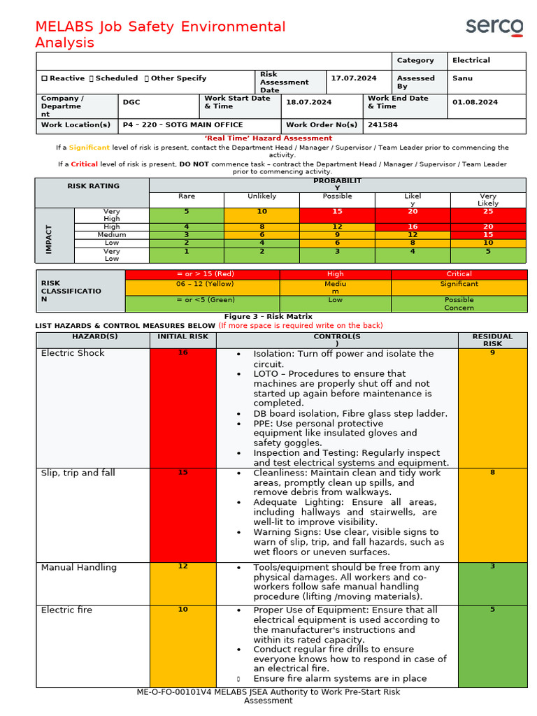 MELABS JSEA Pre-Start Risk Assessment | PDF | Risk | Safety