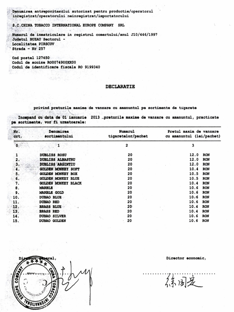 Declaratii Preturi Tigari 2013 | PDF