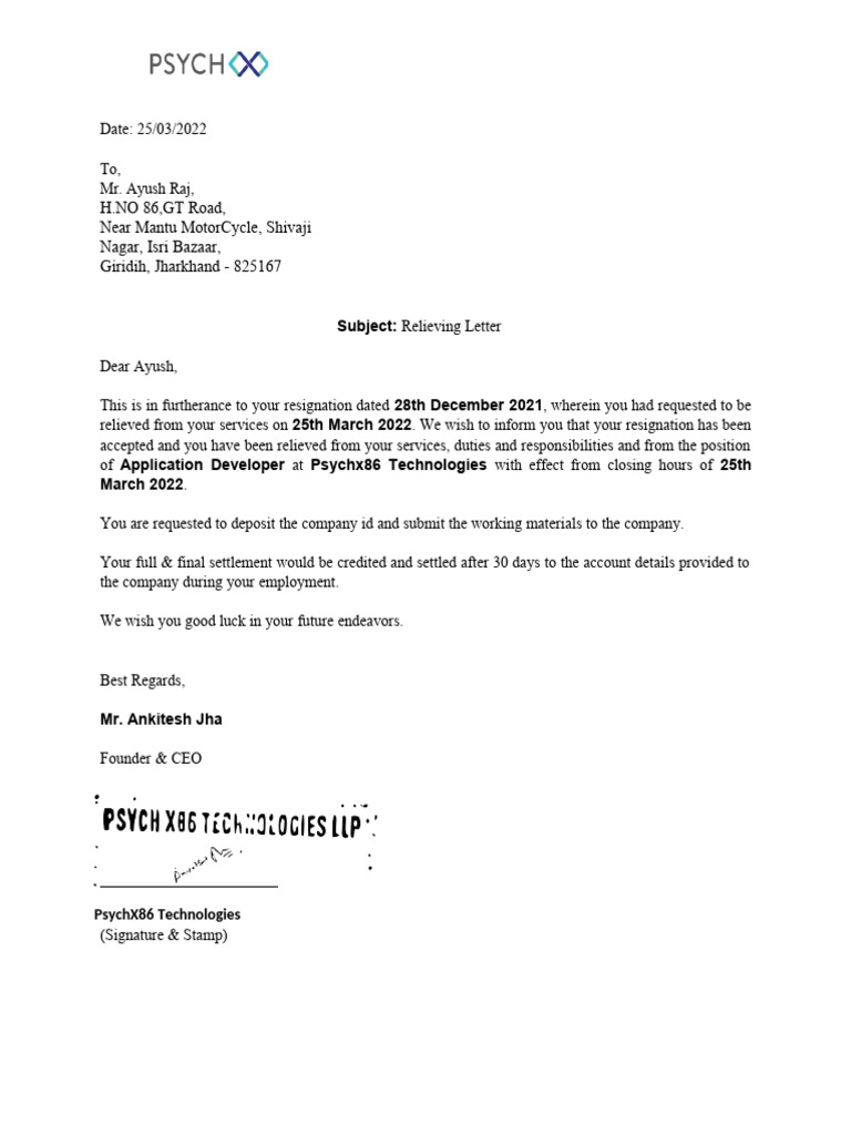 Relieving Letter for Ayush Raj | PDF | Business