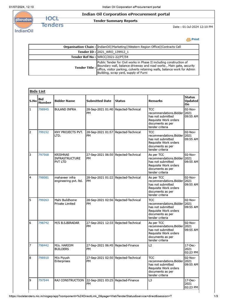 IOCL Tender Summary Report | PDF | Procurement