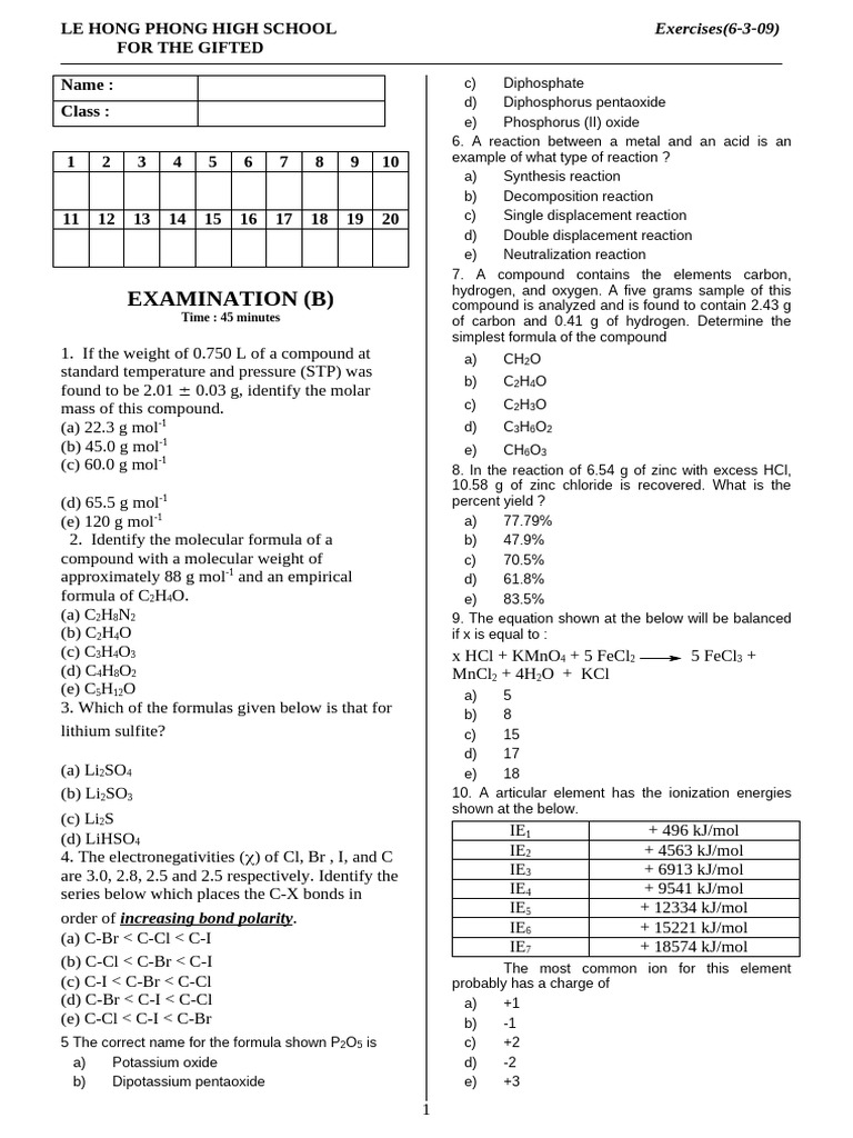 Examination 6 3 09 b pdf chemical reactions chemical compounds