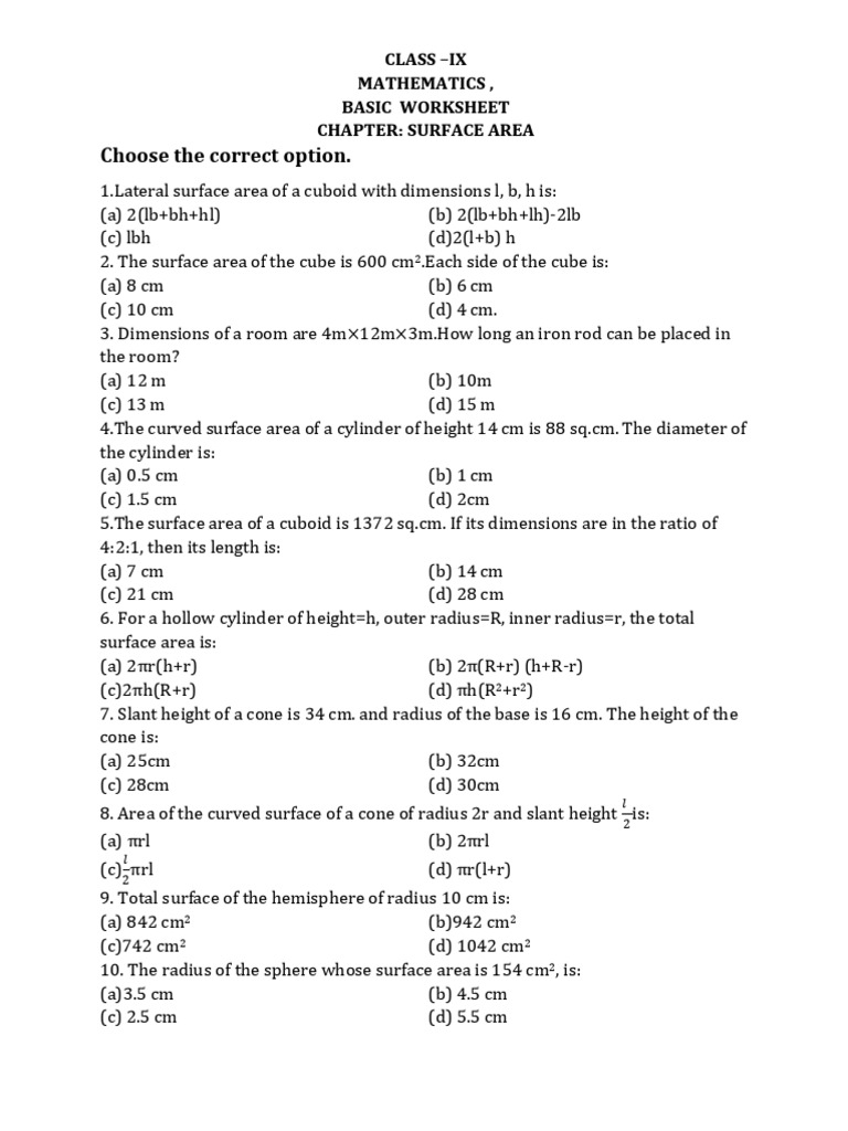 Class 9 Surface Area Worksheet Pdf Area Sphere