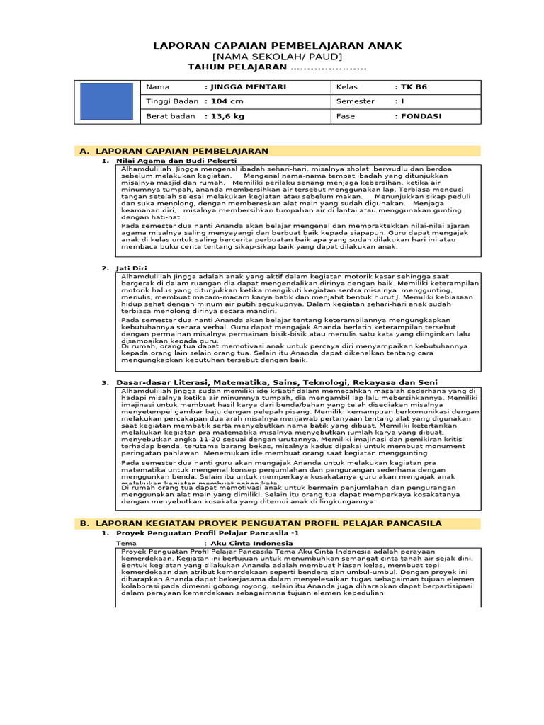 File Rapor Paud Kompilasi | PDF