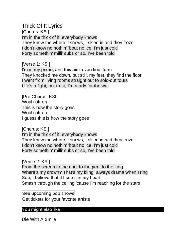 Thick of it lyrics pdf popular music songs