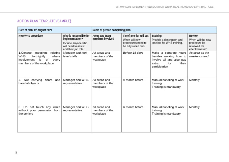 WHS Action Plan Template Example | PDF | Safety | Workplace