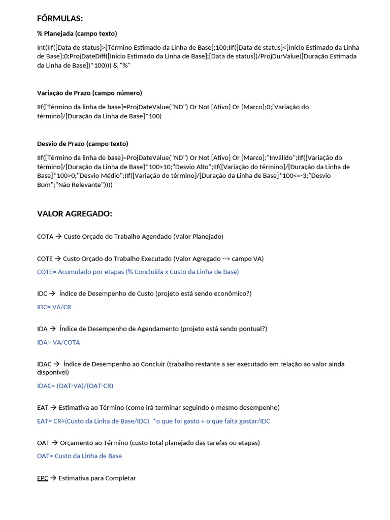 Fórmulas de MS Project para Gestão de Projetos | PDF