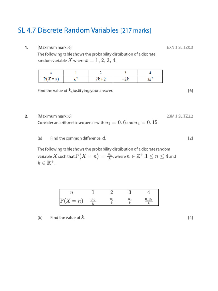 SL 4.7 Discrete Random Variables | PDF | Probability Distribution ...