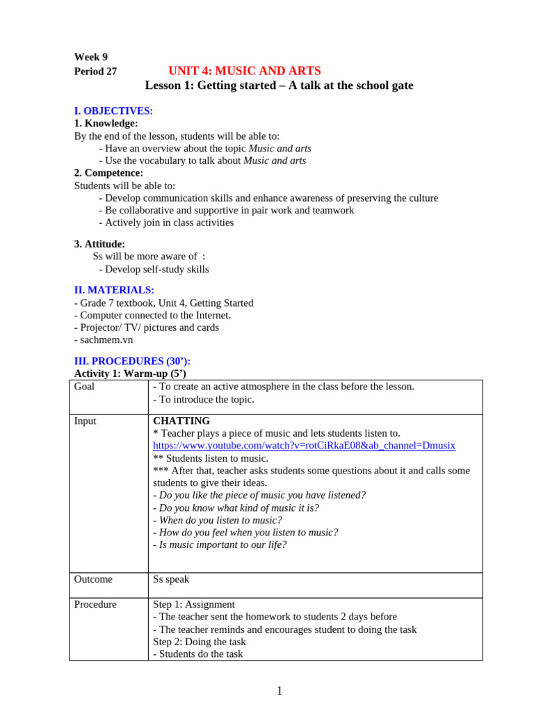 Music and Arts Lesson Plan for Grade 7 | PDF | Homework | Vocabulary