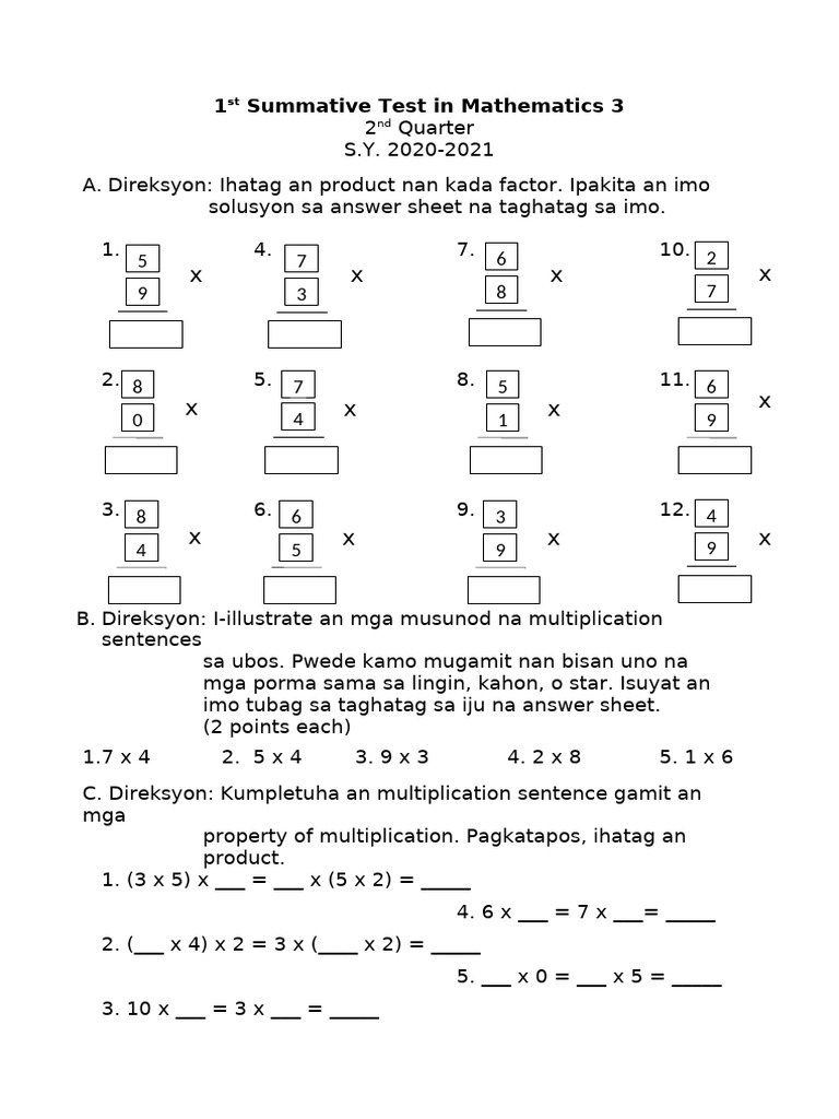 1st Summative Test in MATHEMATICS 3 | PDF
