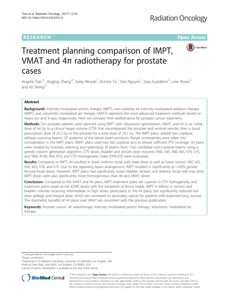 Treatment planning comparison of IMPT, VMAT and 4π radiotherapy for ...