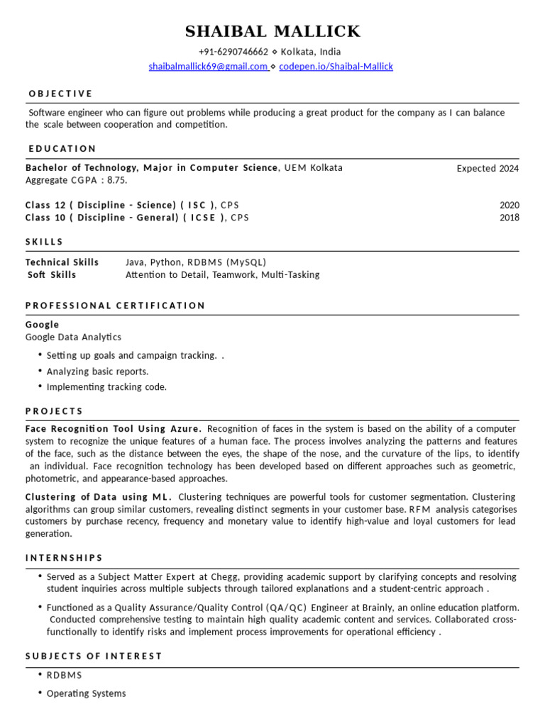 Software Engineer Resume - Shaibal Mallick | PDF | Cluster Analysis ...