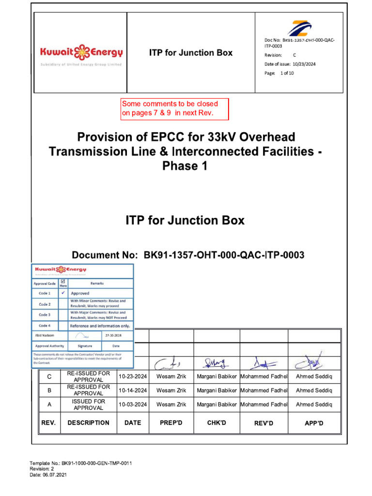 BK91-1357-OHT-000-QAC-ITP-0003 - C - ITP For Junction Box - C1 | PDF