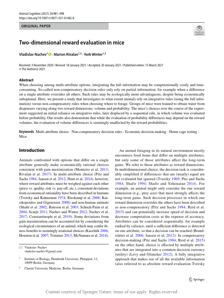 Two-Dimensional Reward Evaluation in Mice | PDF | Experiment | Decision ...