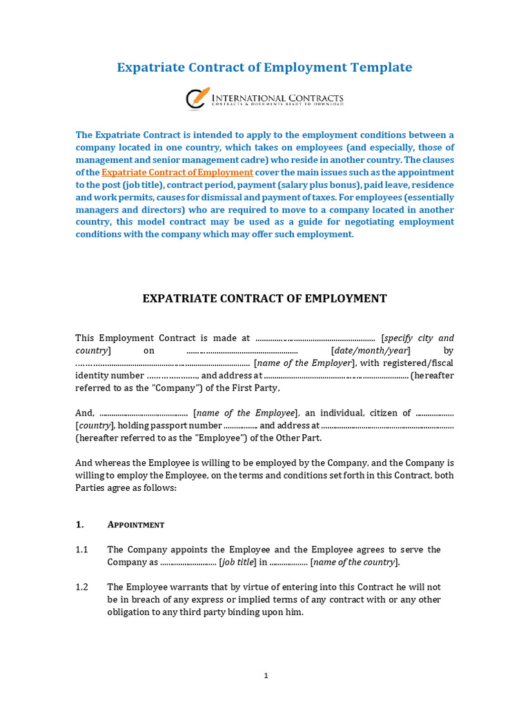 Expatriate Contract Of Employment Template 1 Pdf Salary Employment