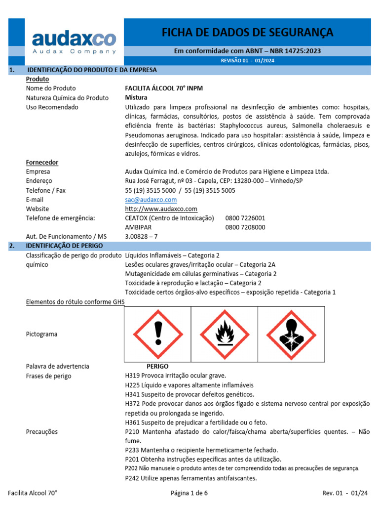 Ficha de Segurança do Álcool 70° | PDF | Desperdício | Incêndios