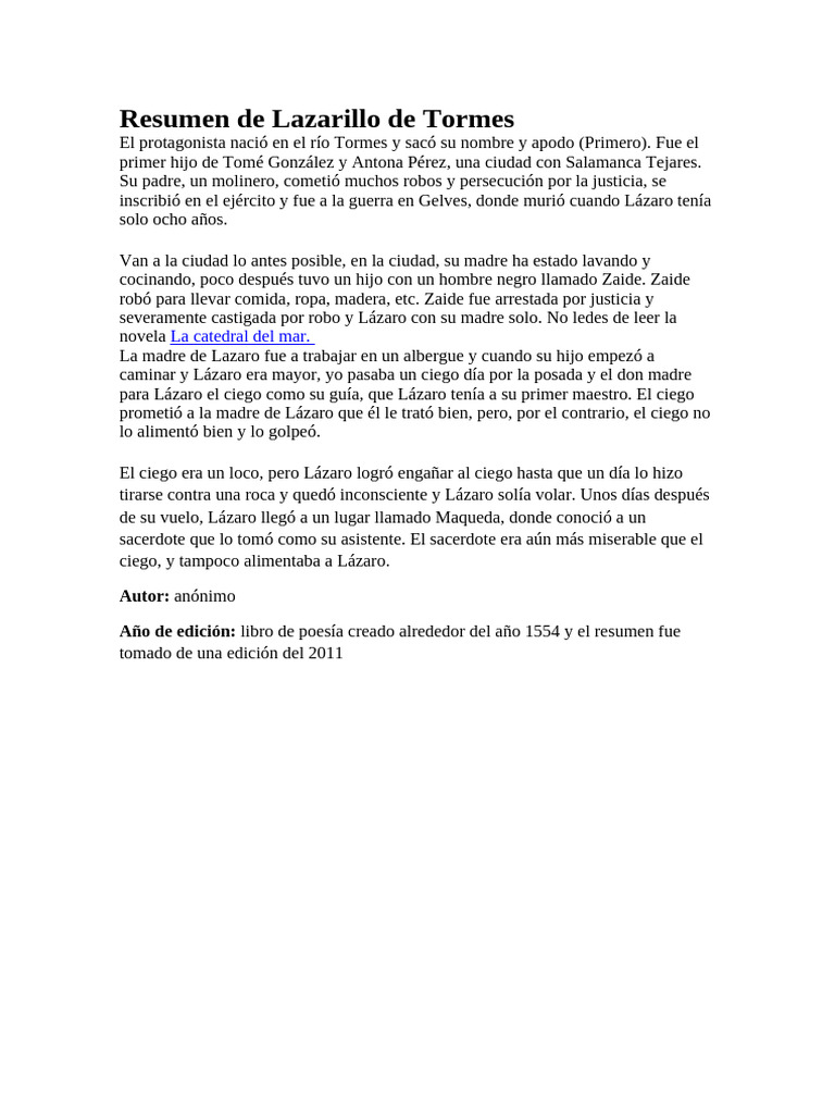 Resumen de Lazarillo de Tormes | PDF | Poesía | Clásicos