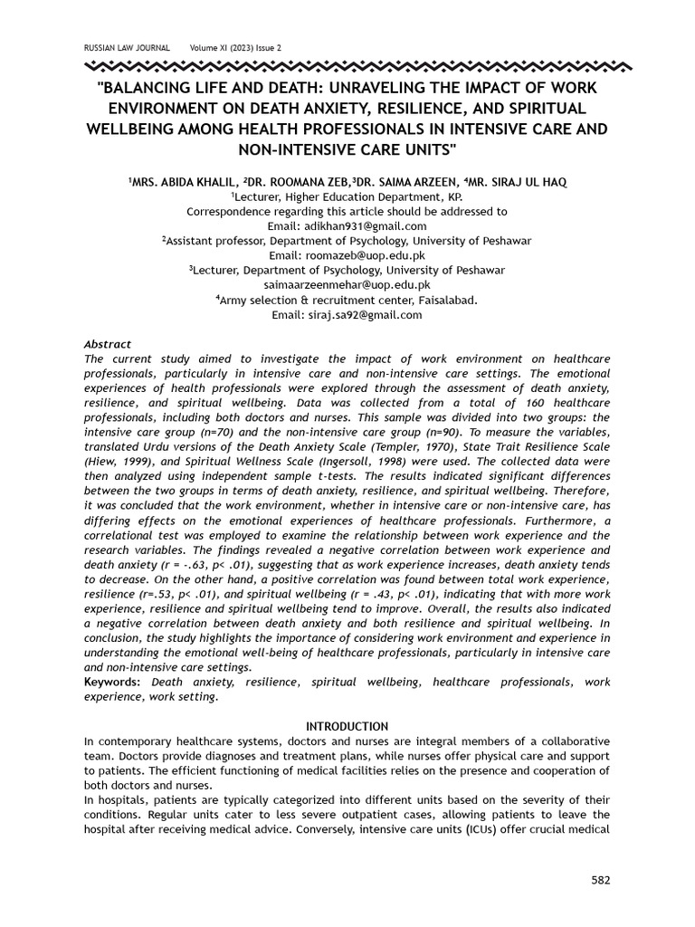 Death Anxiety, Resilience and Spiritual Wellbeing in Healthcare ...