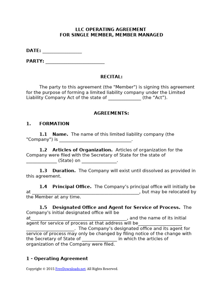 Single Member LLC Operating Agreement Template | PDF | Liquidation ...