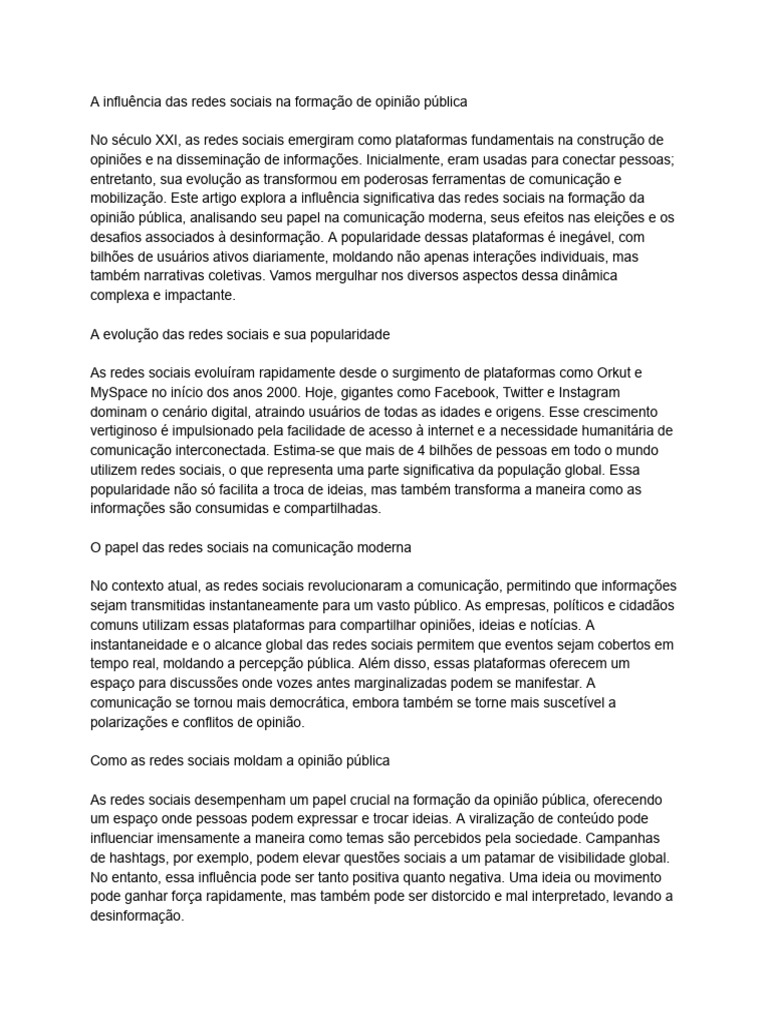A Influência Das Redes Sociais Na Formação de Opinião Pública. | PDF ...