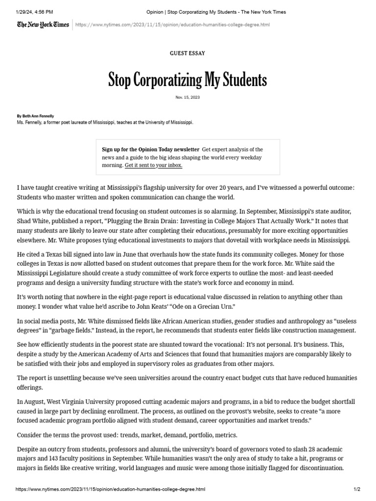 Opinion - Stop Corporatizing My Students - The New York Times | PDF