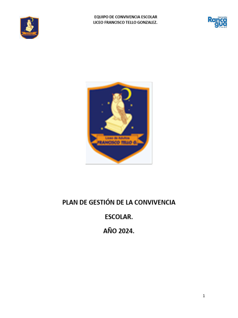 Plan de Gestión de Convivencia Escolar 2024 | PDF | Enseñando | Aprendizaje