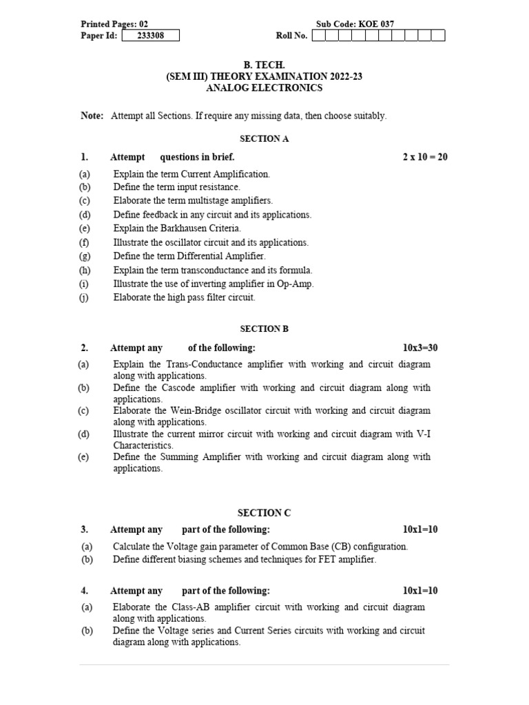 B.Tech Analog Electronics Exam Paper | PDF | Amplifier | Electronic ...