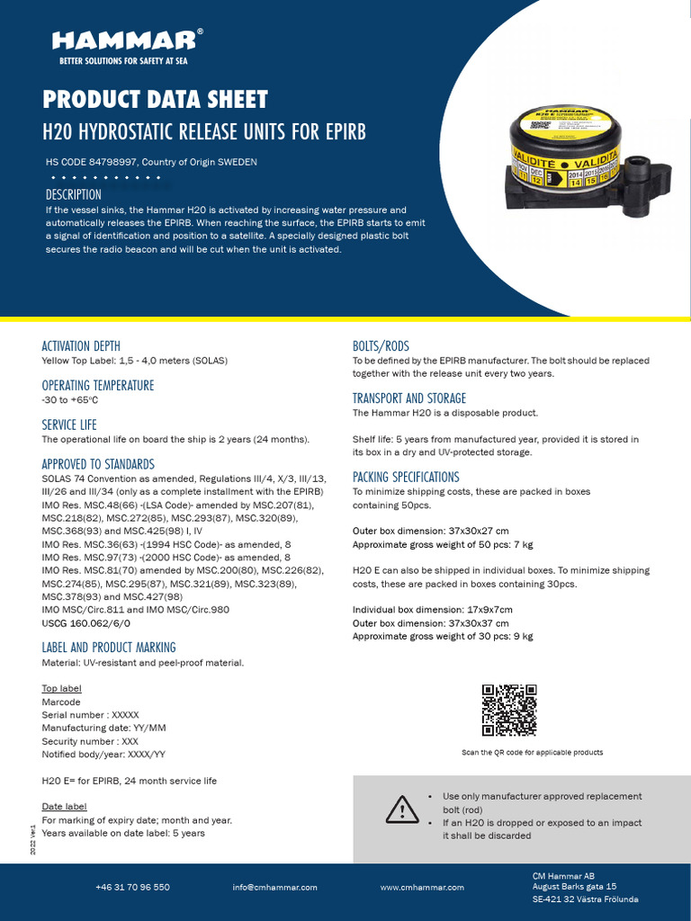 KOM 2464 v.2.0 Product Data Sheet H20 HRU For EPIRB | PDF
