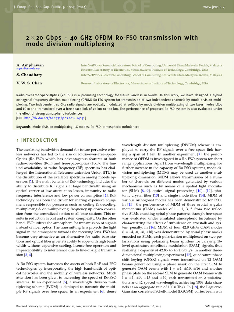 40 GHz OFDM Ro-FSO with MDM System | PDF | Orthogonal Frequency ...