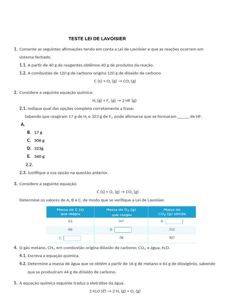 Exercícios sobre a Lei de Lavoisier | PDF | Reações químicas | Química