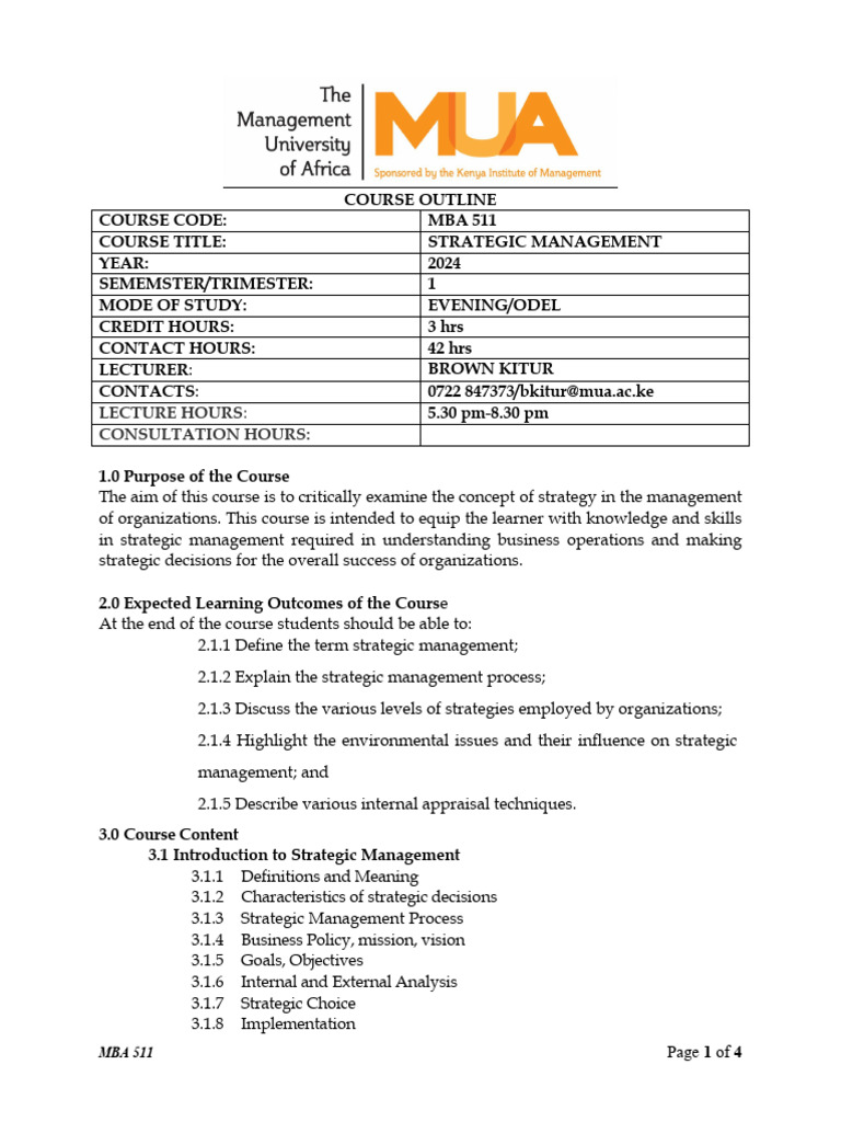 MBA 511 Strategic Management Course Outline | PDF | Strategic ...