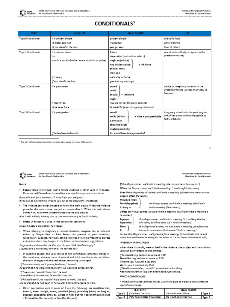 Advanced Conditionals Handout 4 | PDF | Verb | Grammatical Tense