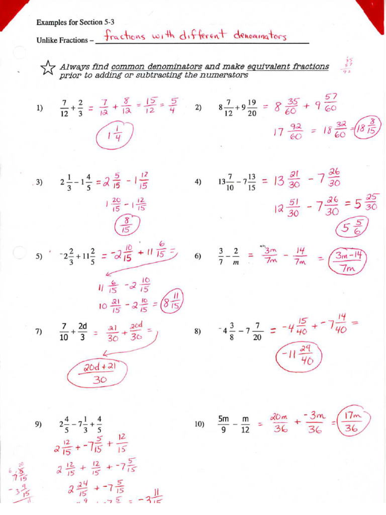 Answers Notes (Unlike Fractions WS) | PDF