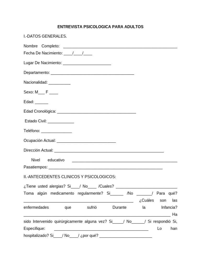 Entrevista Psicologica para Adultos | PDF