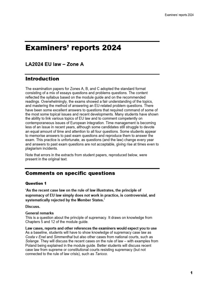 Examiners' Reports on EU Law 2024 | PDF | European Union Law | European ...