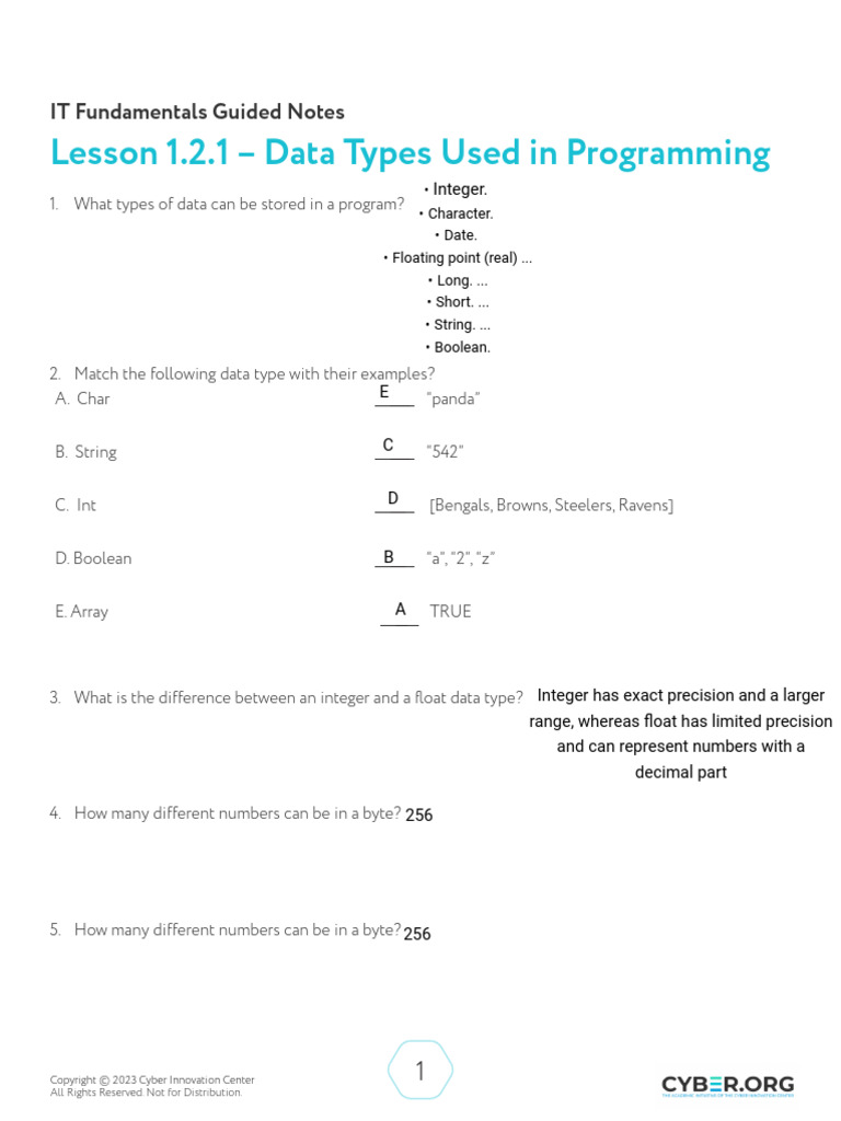 Lesson 1.2.1 - Data Types Used in Programming: IT Fundamentals Guided ...