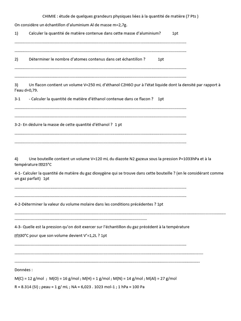 Calculs de chimie : quantités et concentrations | PDF | Mole (unité ...
