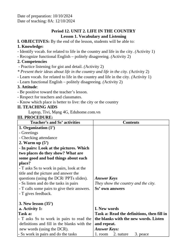 Unit 2: Life in the Country - Lesson 1 | PDF | Human Communication ...